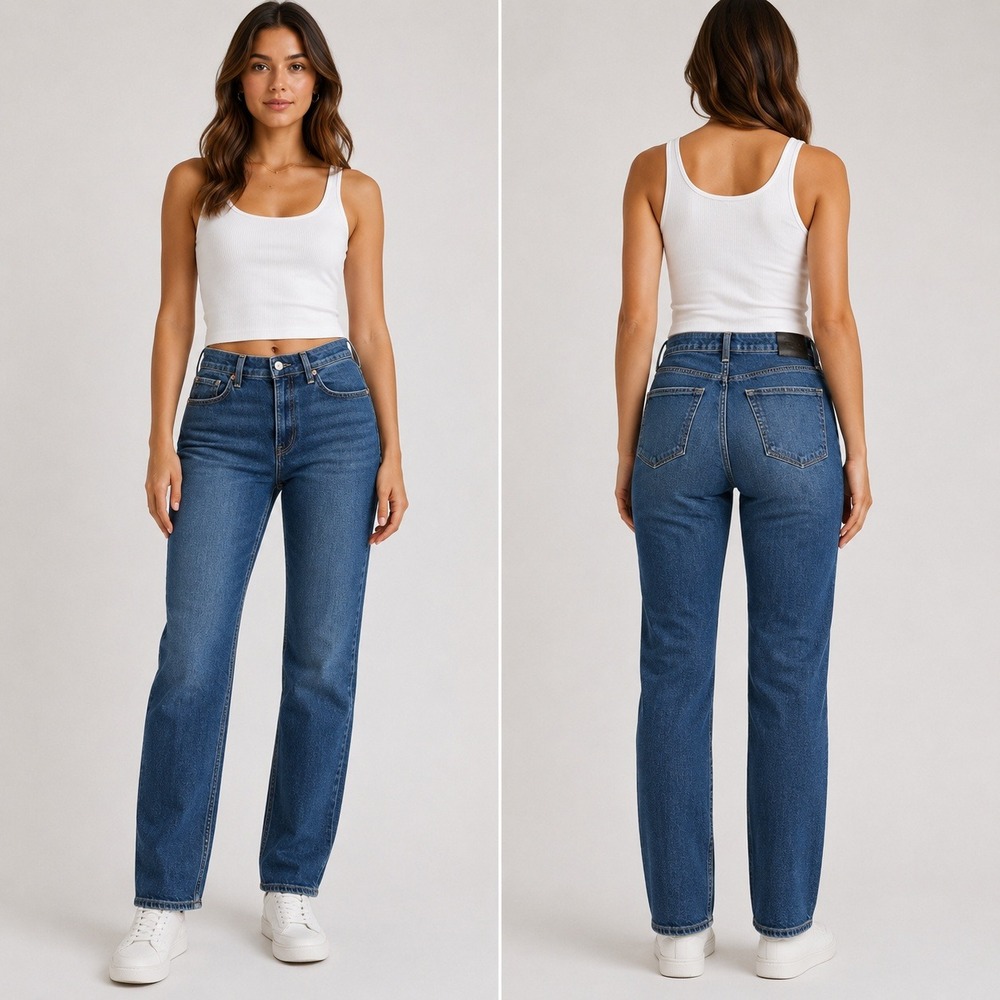 PAIGE Size 32 Stella High Rise Straight Leg Jeans Medium Blue Distressed Denim